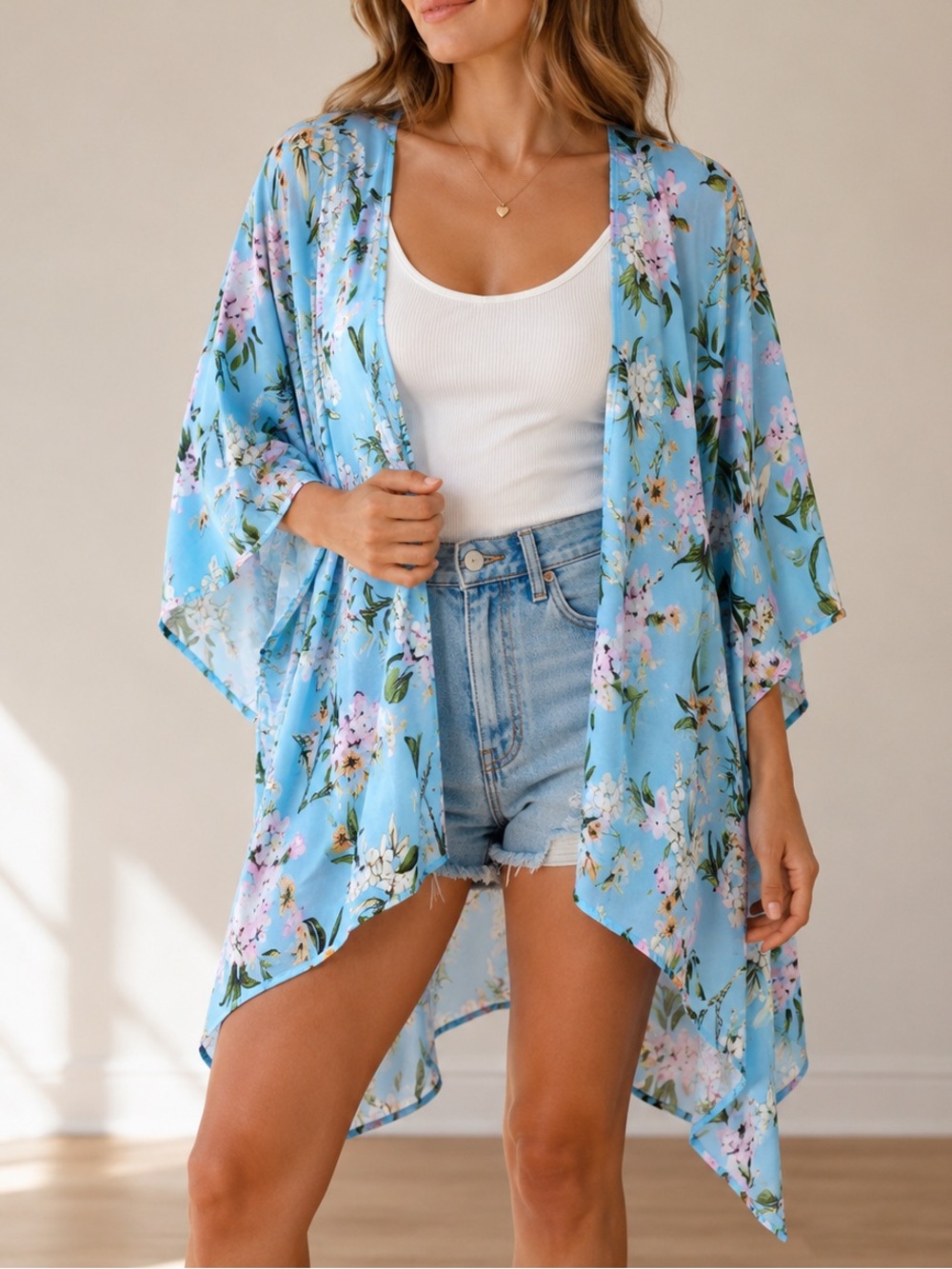 NWOT Charlie Paige Blue Floral Kimono Beach Swimsuit Cover Up One Size